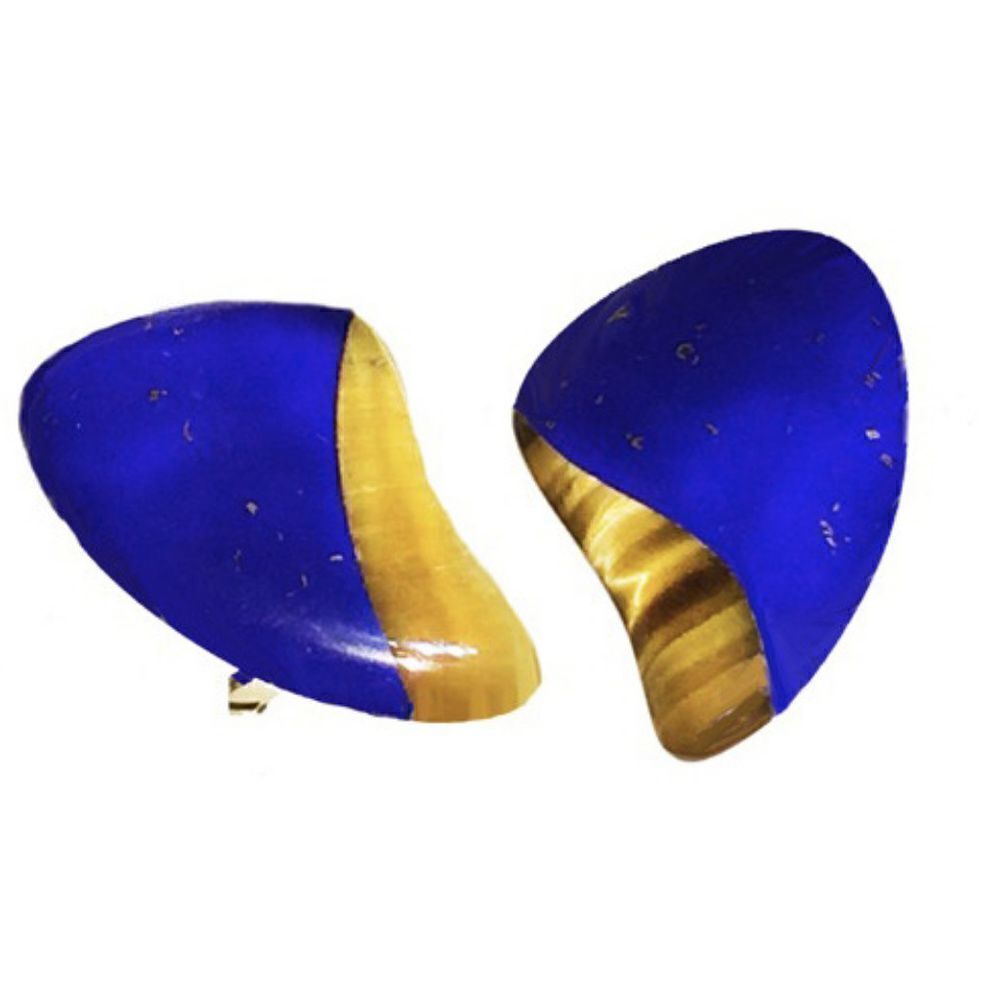Pair of Lapis and Tiger Eye Clip Back Earrings - Picture 2 of 4